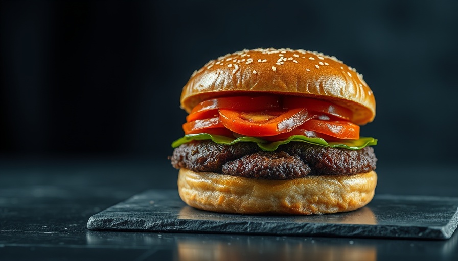 Juicy high-protein burger on slate with focused lighting.