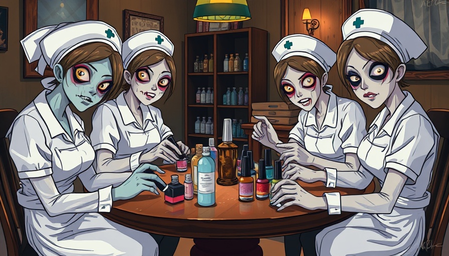 Eerie cartoon nurses mixing nail products safely at a table.