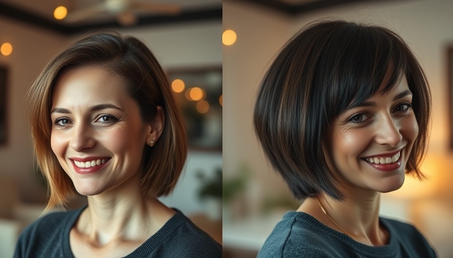 Woman with jaw-length haircut transformation, smiling softly.