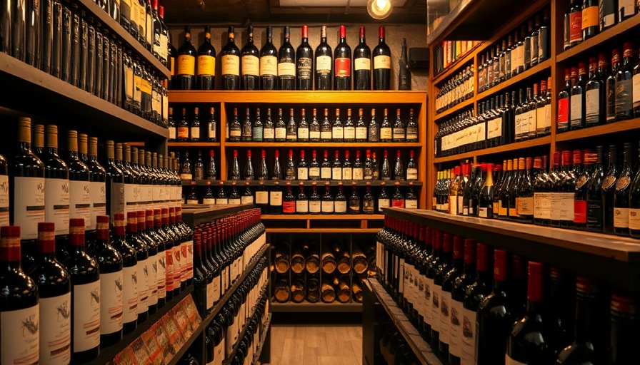 Variety of imported wines on shelves highlighting tariff impact.