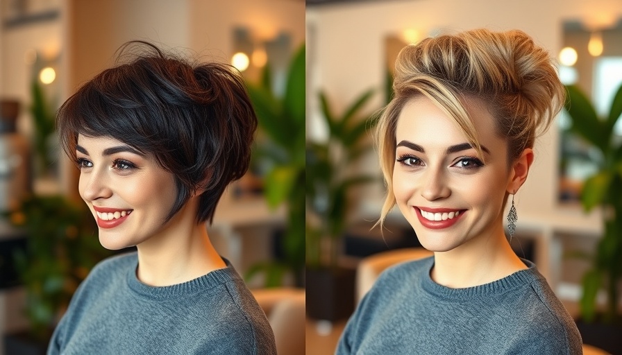 Before and after cute practical haircuts, smiling woman in a salon.