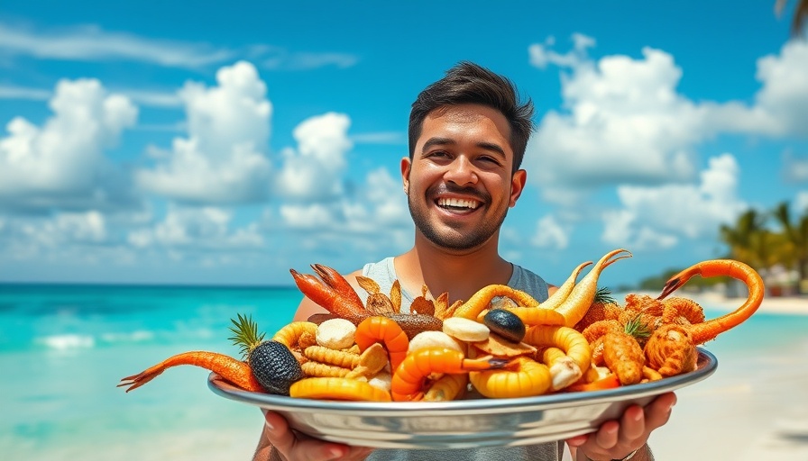 Man enjoying best seafood buffet in Honolulu on the beach