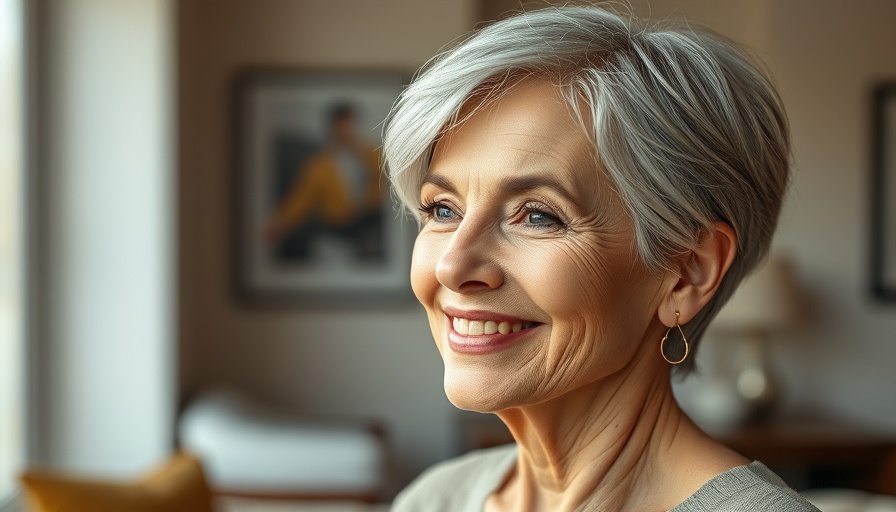 Elegant older woman with long pixie haircut, soft smile.