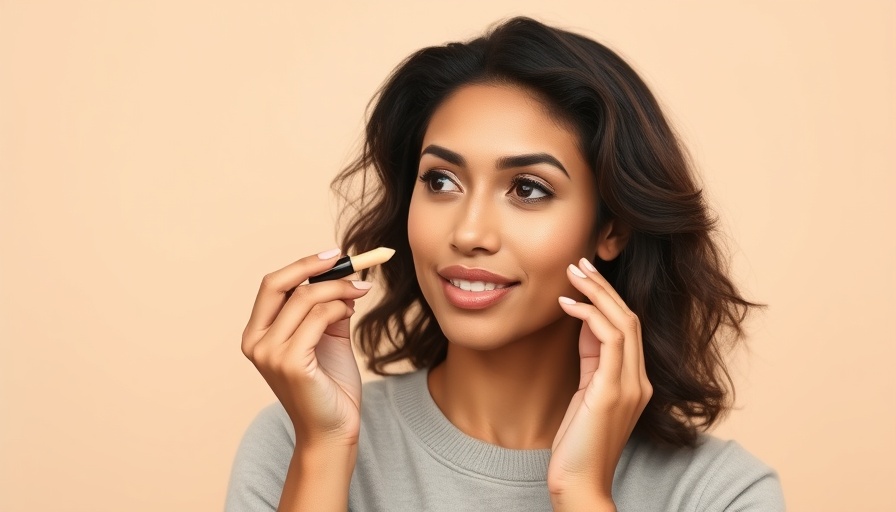 Woman showing how to apply concealer for youthful appearance.