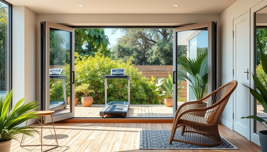 Modern garden building design with wooden porch and gym.