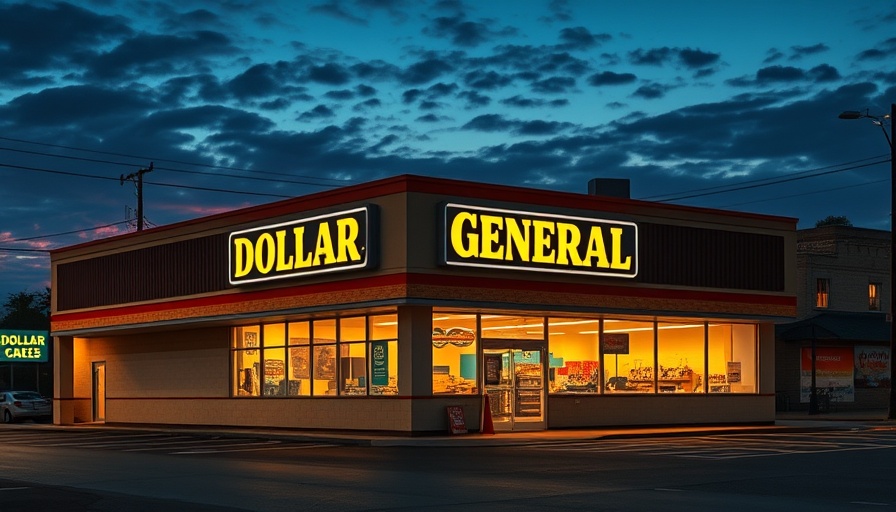 Dollar General store at dusk with brightly lit signage.