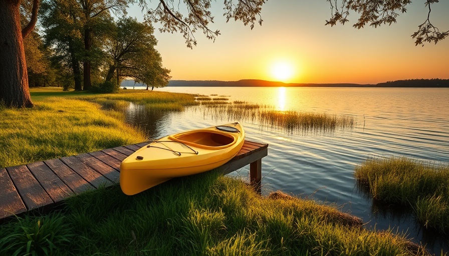 Lakeside view with kayak at sunset, serene scenery and peaceful atmosphere.