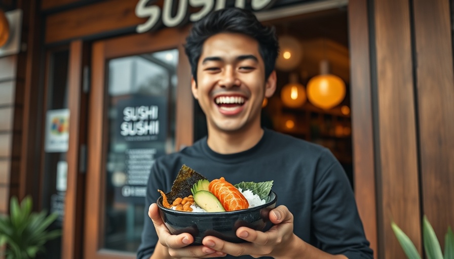 Person enjoying sushi outside a popular restaurant, highly rated.
