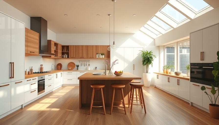 Modern kitchen extension with skylights and wooden island.