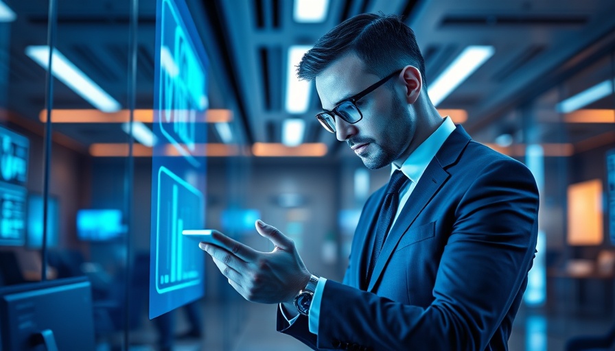 Futuristic professional using AI for business growth in a high-tech office.