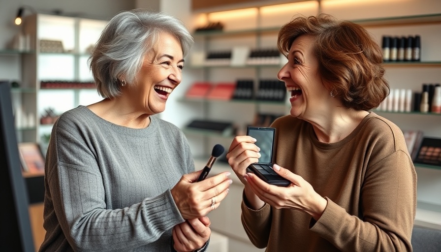 Joyful older women discussing beauty tips in bright studio.