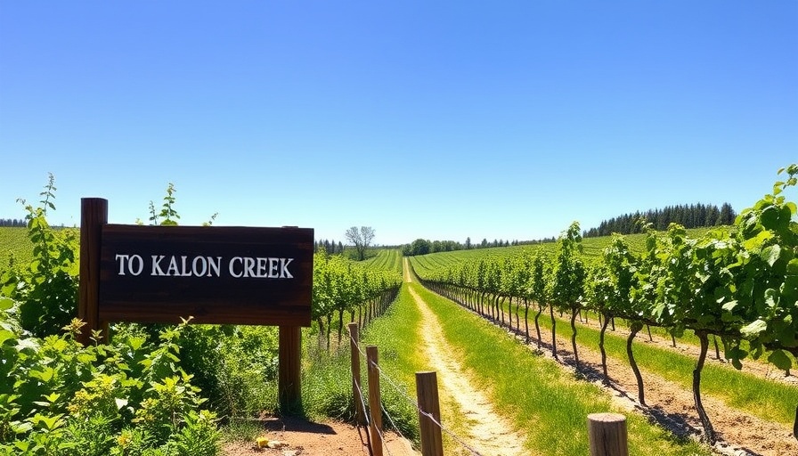 Countryside scene with 'To Kalon Creek' sign and vineyard, To Kalon name change.