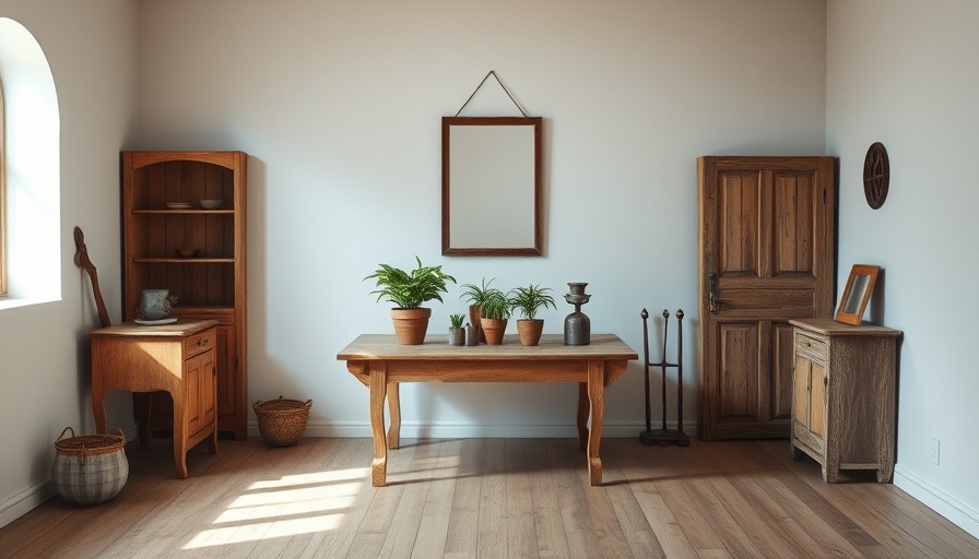 Rustic room interior, wooden table with plants and mirror