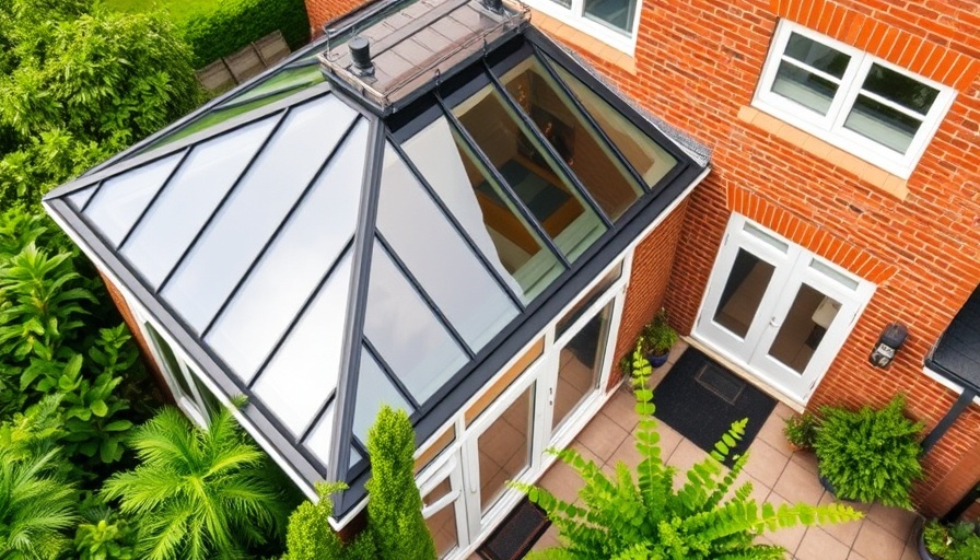 Modern Replacement Conservatory Roof with skylight and garden view.