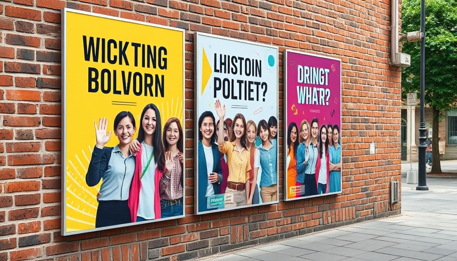 Colorful posters showcasing branding trends for small businesses 2025 on brick wall.