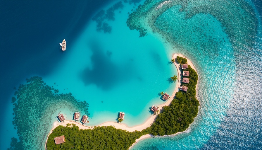 Aerial view of private island luxury hotel with turquoise waters.