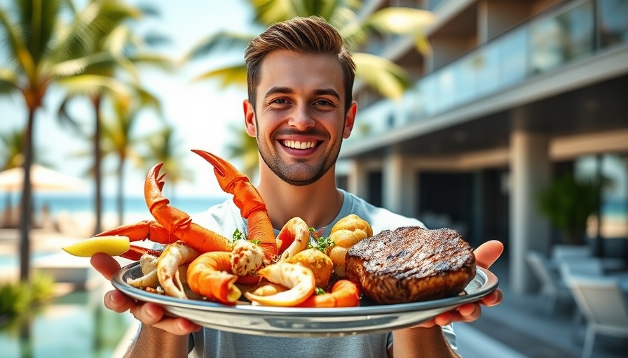 Enthusiastic individual with seafood platter at a resort.