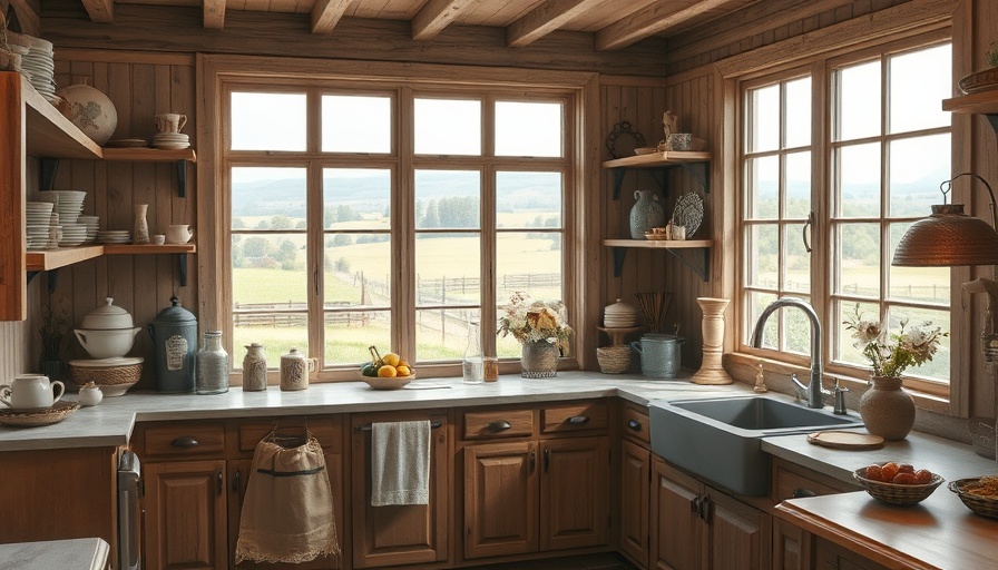 Rustic kitchen with vintage decor and countryside view, cozy interior.