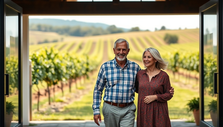 Smiling couple at Napa winery entrance for wine acquisition