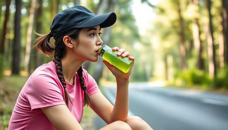 Woman hydrating with electrolyte supplements during workout in nature.