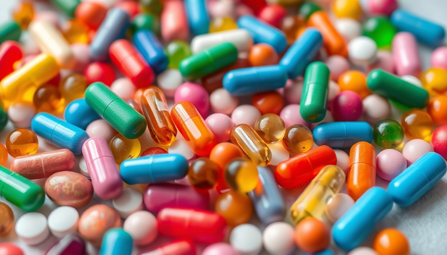Assorted colorful pills scattered, illustrating health theme.