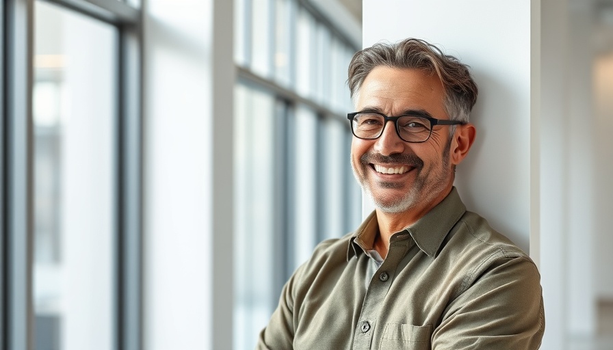Middle-aged man smiling in modern interior with glass frames.