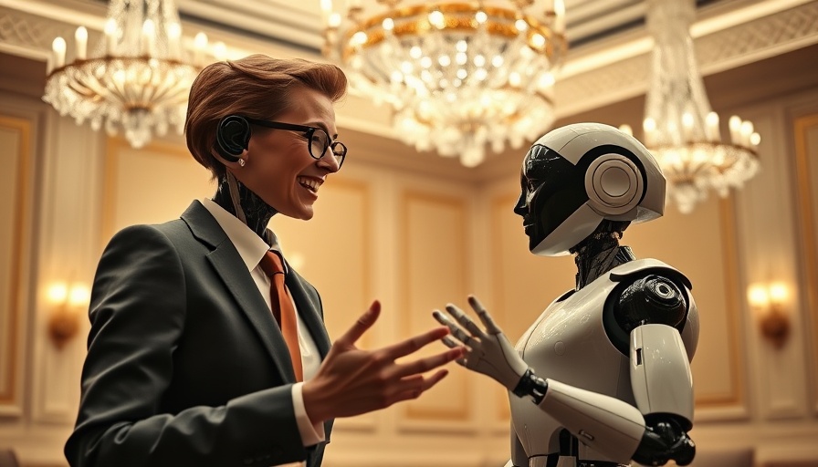 Businesswoman and robot discussing AI-driven hotel sales strategy in a luxurious setting.