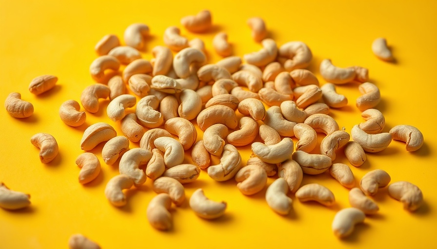 Cashew nuts scattered on a yellow background, nut milks in coffee vs. dairy milk.