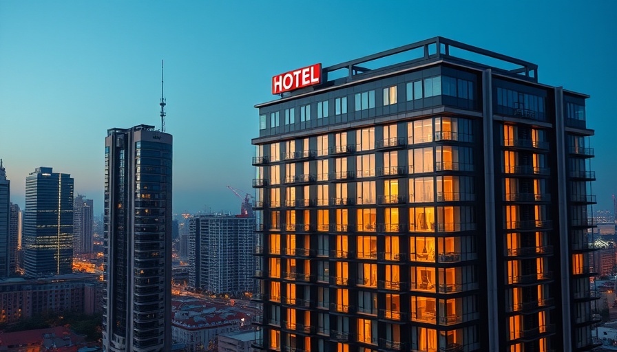 Elegant 5-star hotel exterior at dusk, urban setting.