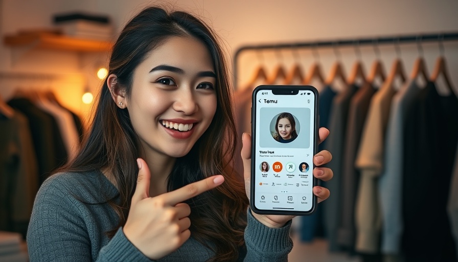 Smiling woman engaging with Temu affiliate program on phone.