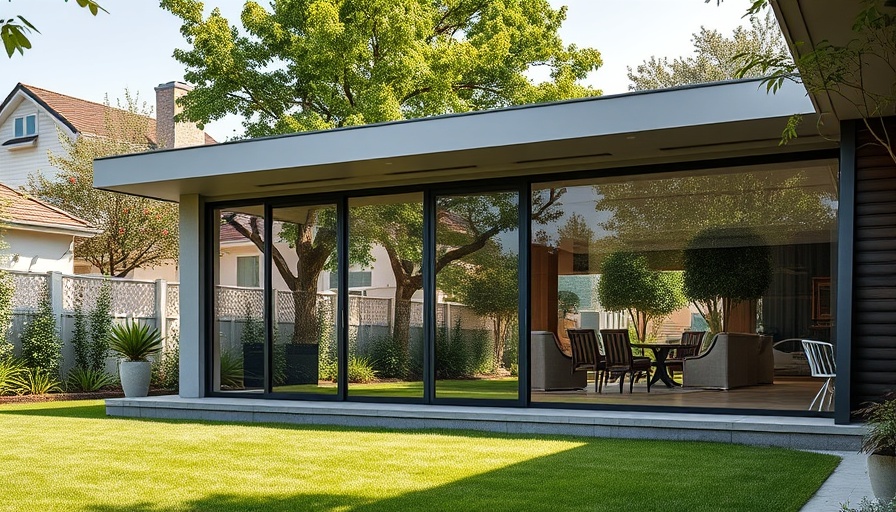 Modern multipurpose garden room with glass doors in a lush backyard.