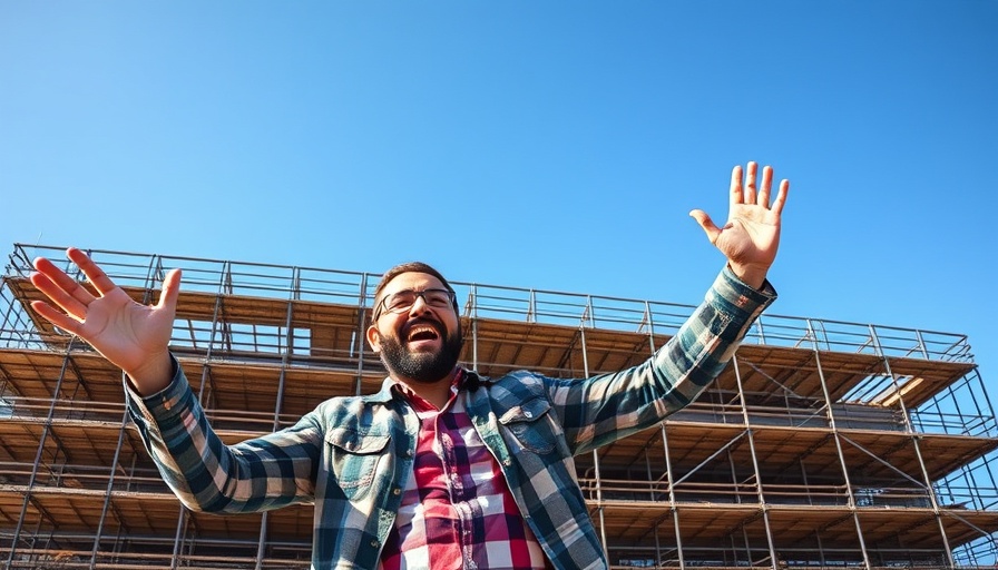 Excited man with scaffolding background, domestic commercial & industrial scaffolding.