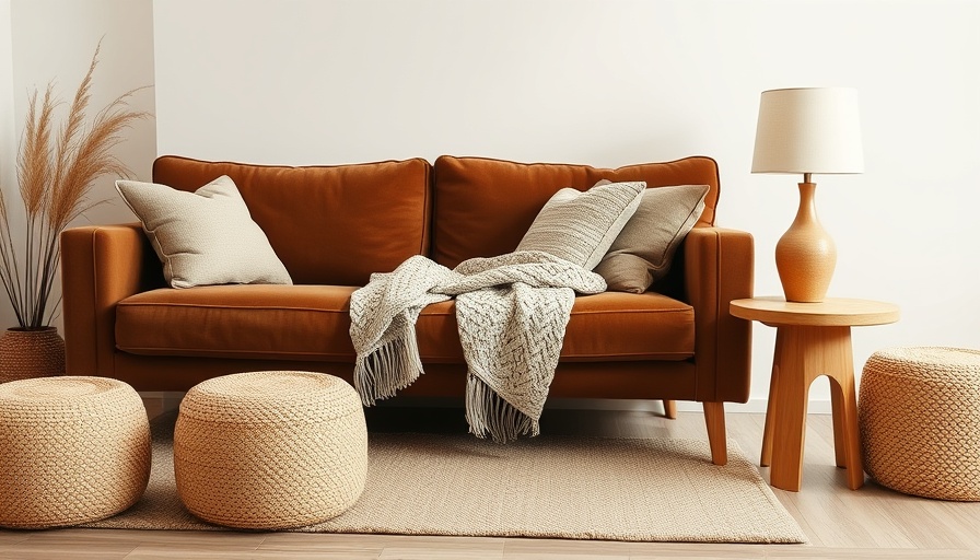 Modern living room interior with brown sofa and wood accents.