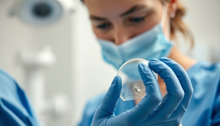 Medical professional holding breast implant, decision-support tool concept.