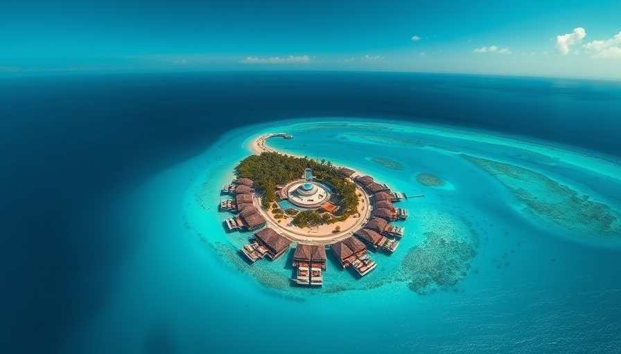 Aerial view of a luxury private island hotel with villas in clear waters.