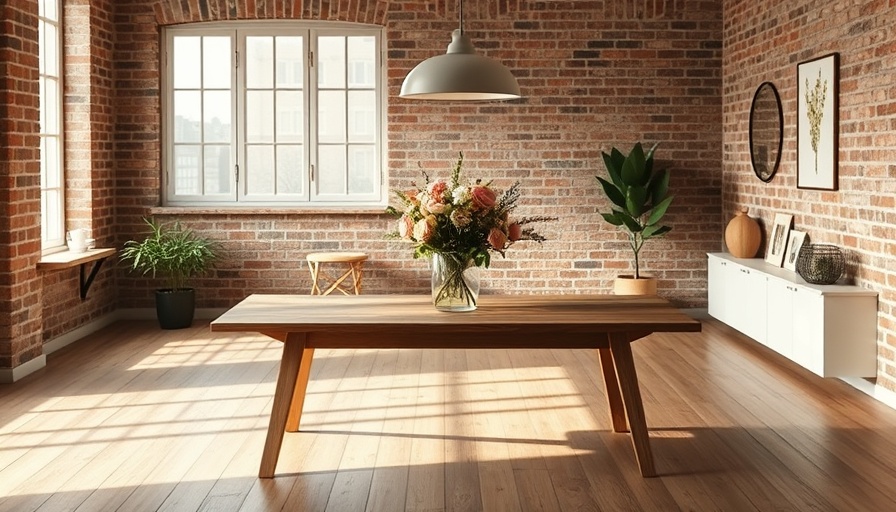 Modern home interior with wooden table and floral arrangement.