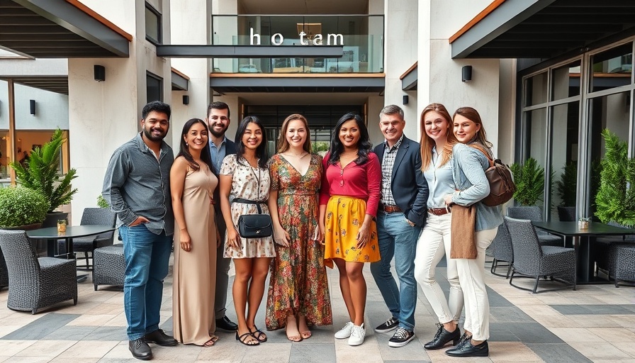 Group of people in a modern hotel patio, Arlington luxury hotels.