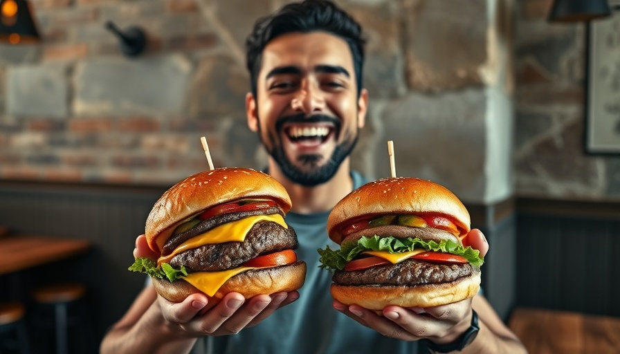 Man at a burger bar happily presenting flavorful burgers