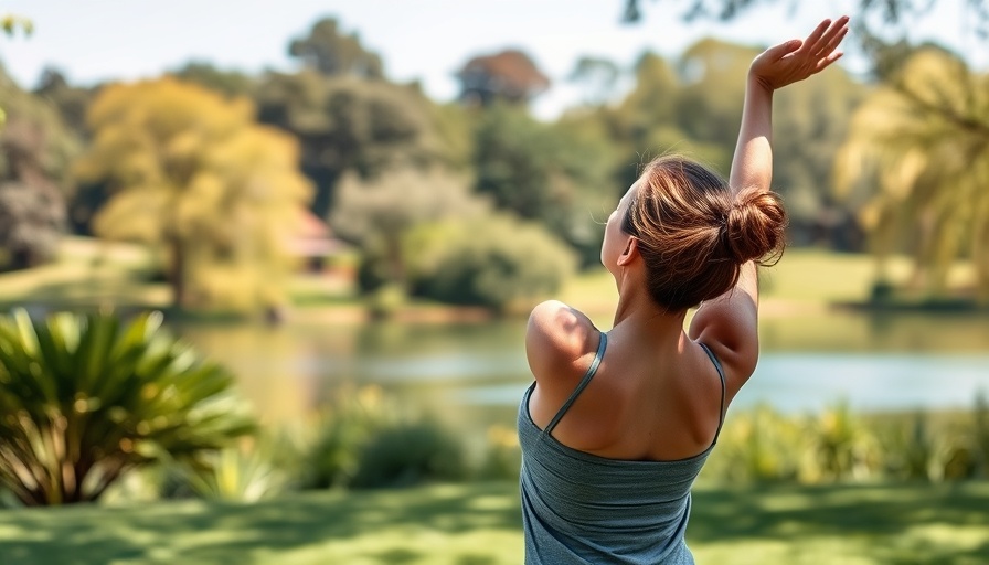 Woman doing morning yoga routine in a peaceful park.