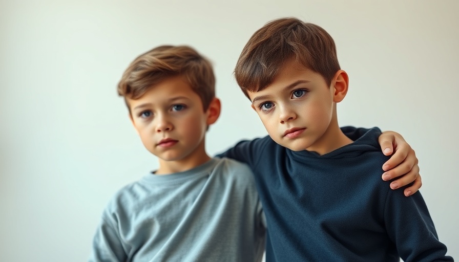 Two boys embracing in a bright room, thoughtful expressions.