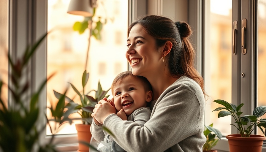 Smiling mother and child looking through laminated double glazing window