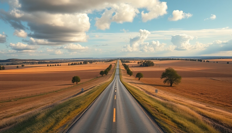 Expansive rural landscape in Huntsville area, winding road and cloudy sky