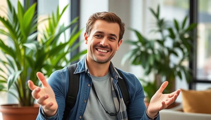 Smiling man explaining structured water device health benefits indoors.