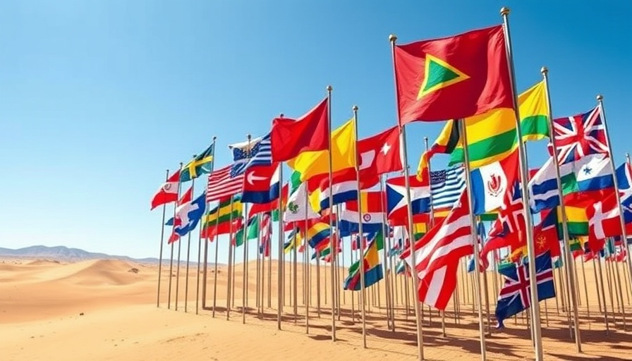 International flags in desert landscape, symbolizing digital marketing challenges.