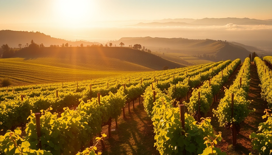 Newton Vineyard bathed in golden light with lush green vines.