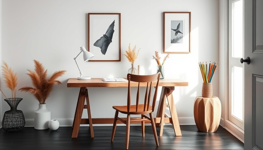 Rustic wooden desk in cozy minimalist home office