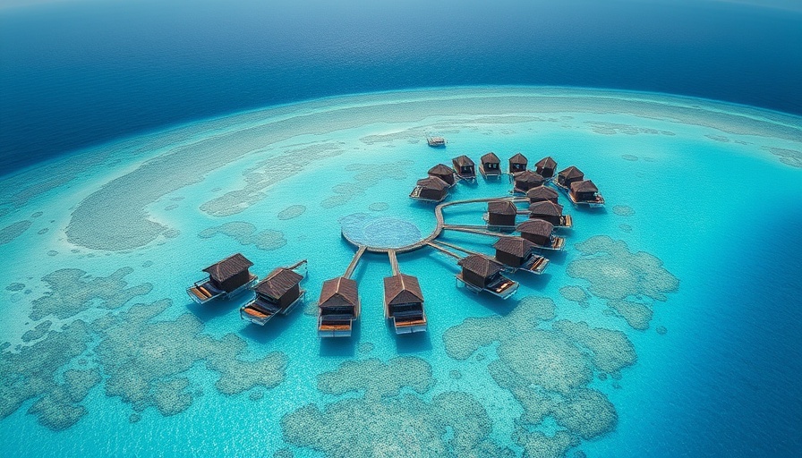 Aerial view of Pullman Maldives All-Inclusive Resort with overwater bungalows.
