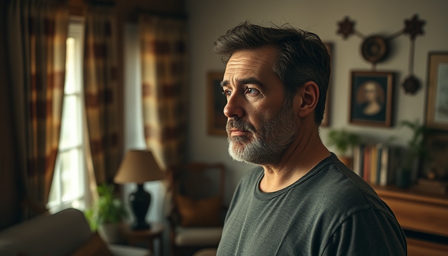 Middle-aged man standing in a cozy living room by a window.