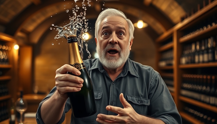 Man surprised by overflowing champagne bottle in wine cellar, best sparkling wine alternatives.