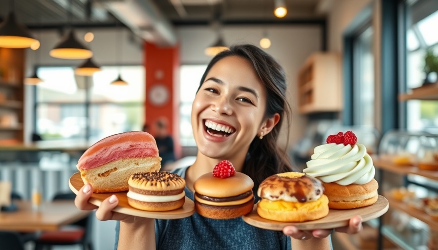 Person displaying pastries with a smile in a modern café.